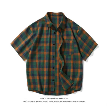 Riolio Summer Short Sleeved Shirt Men Retro Plaid Shirt Men Japanese Streetwear Loose Casual Shirt Mens Vintage Shirts Plus Size 5XL